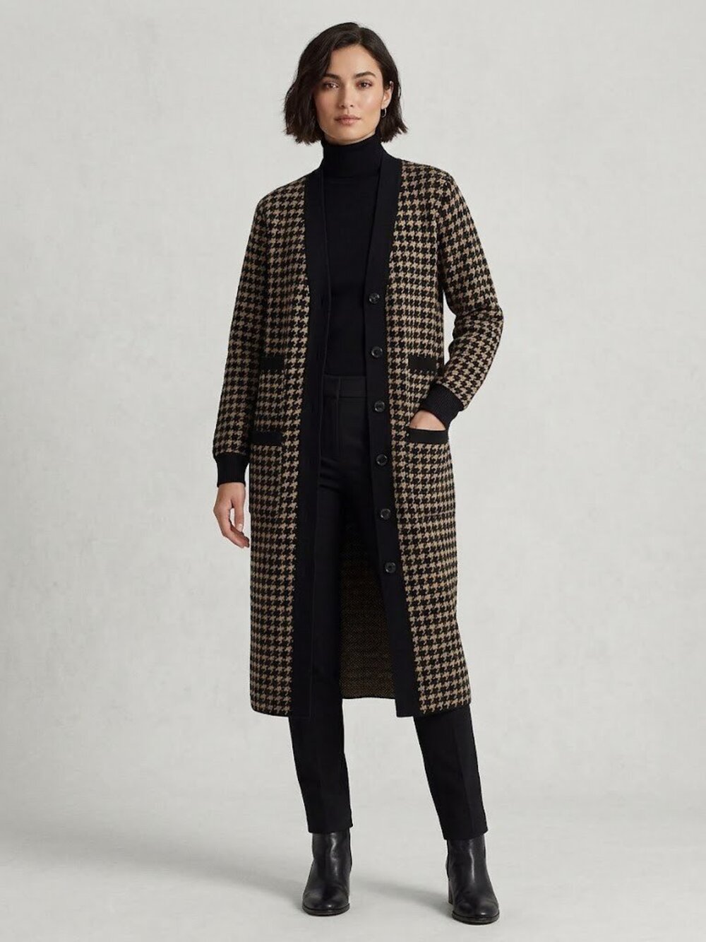 NWT Avec Les Filles Houndstooth Long Cardigan Coat in Camel Black Coatigan S
